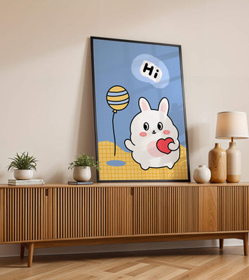 Adorable cartoon bunny with balloon and heart illustration
