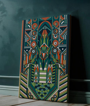Design géométrique abstrait inspiré de l’Art déco avec des motifs symétriques et un motif animal