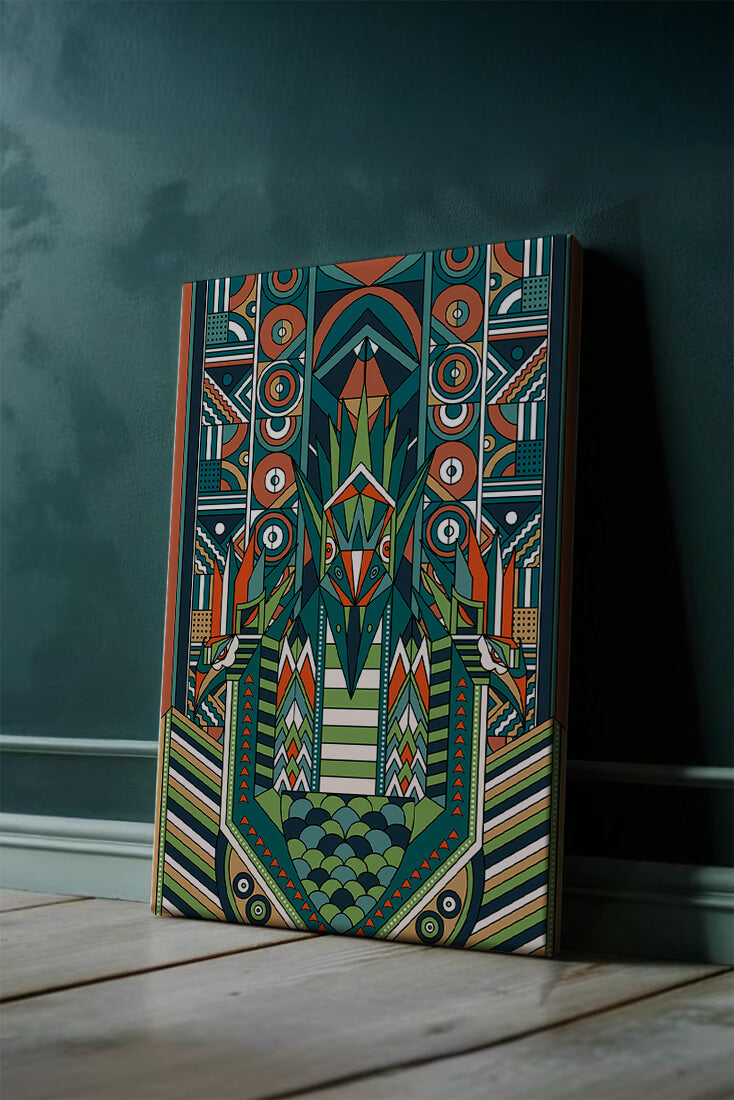 Art Deco Inspired Abstract Geometric Design with Symmetrical Patterns and Animal Motif