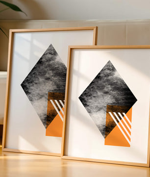 Abstract Geometric Composition with Orange Triangle and Cloudy Pattern - Mi tienda