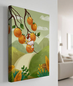 Femme assise sur un fruit orange dans un paysage surréaliste