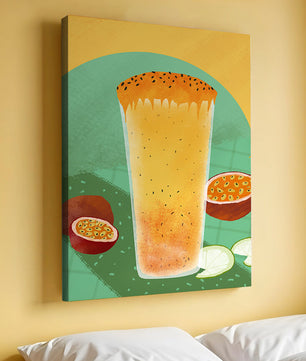 Illustrated tropical passion fruit drink with fresh slices