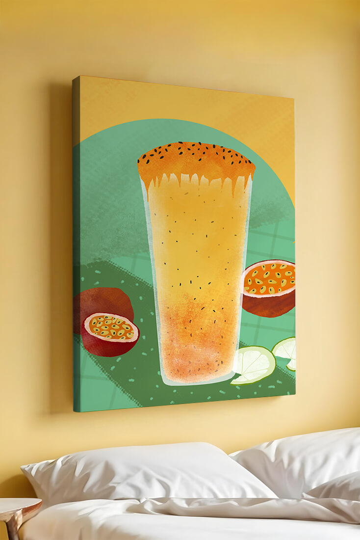 Illustrated tropical passion fruit drink with fresh slices