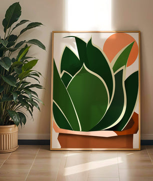 Ilustración contemporánea de una planta serpiente con fondo de amanecer