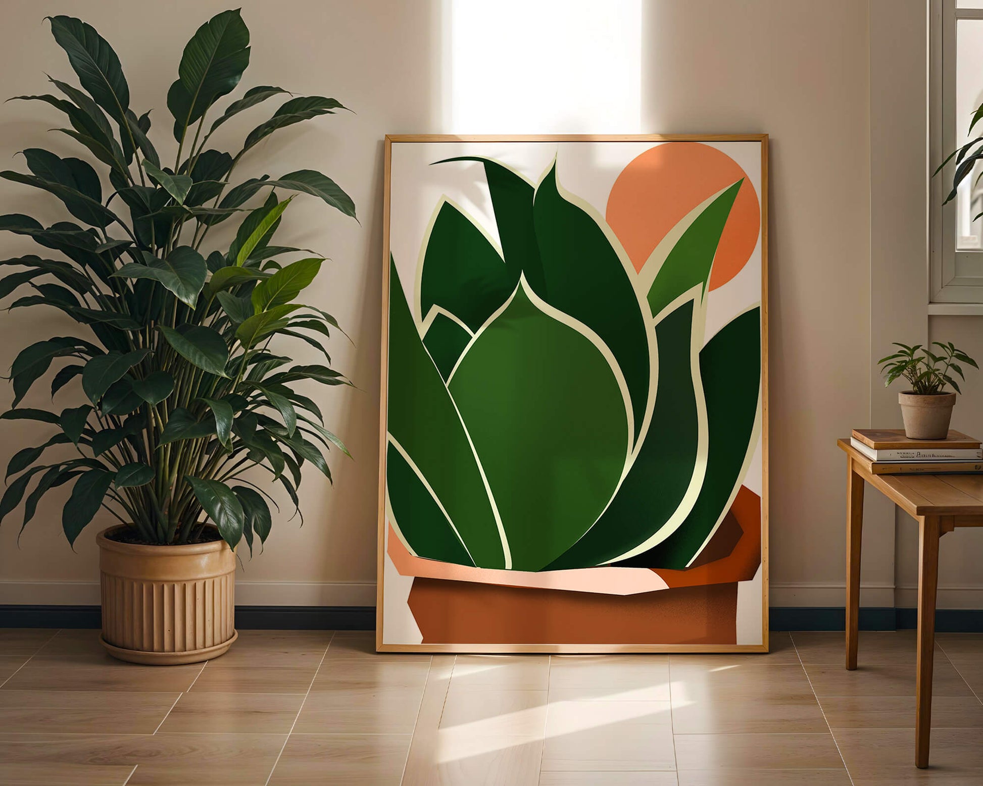 Ilustración contemporánea de una planta serpiente con fondo de amanecer