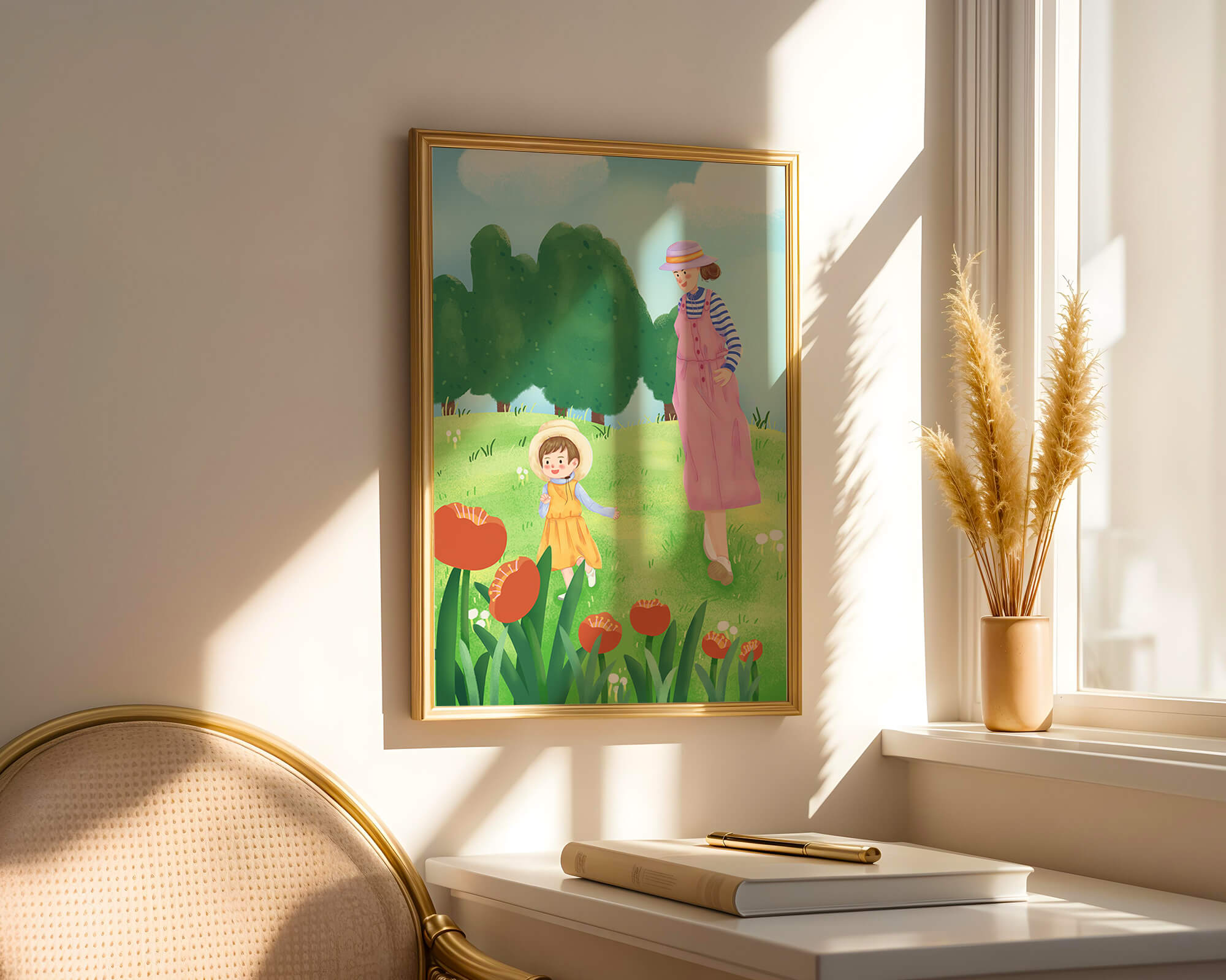 Mother and child in a floral garden under clear skies