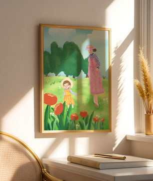 Mother and child in a floral garden under clear skies