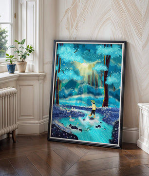 Colorful forest scene with a child and ducks by a stream