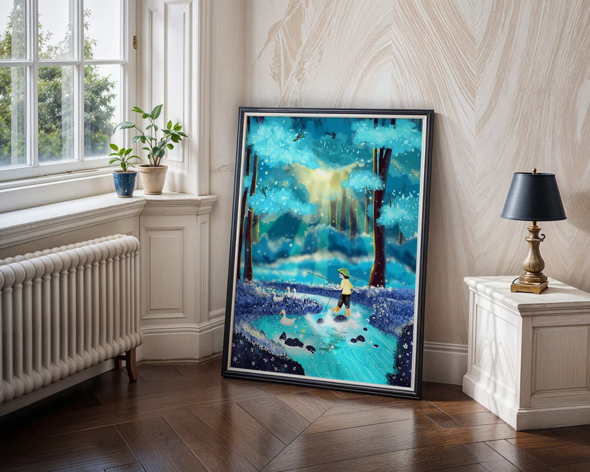Colorful forest scene with a child and ducks by a stream
