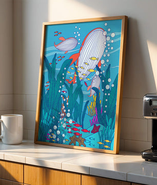 Underwater world illustration with whales and fish amidst seaweed