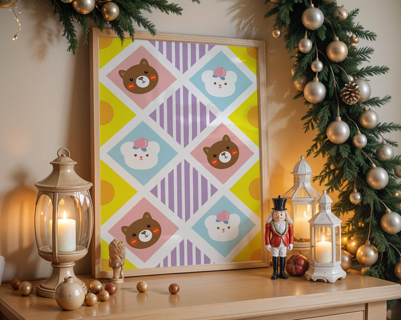 Playful geometric bear and colorful pattern for children's room decor