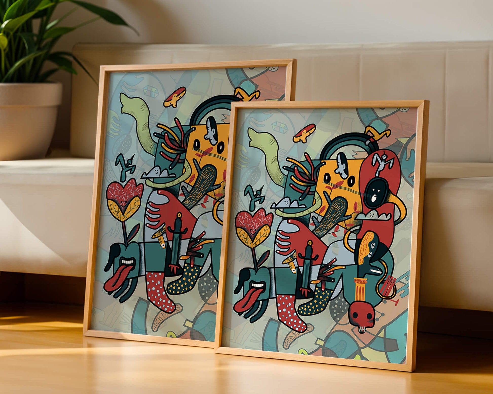 Composición artística surrealista abstracta con colores vibrantes