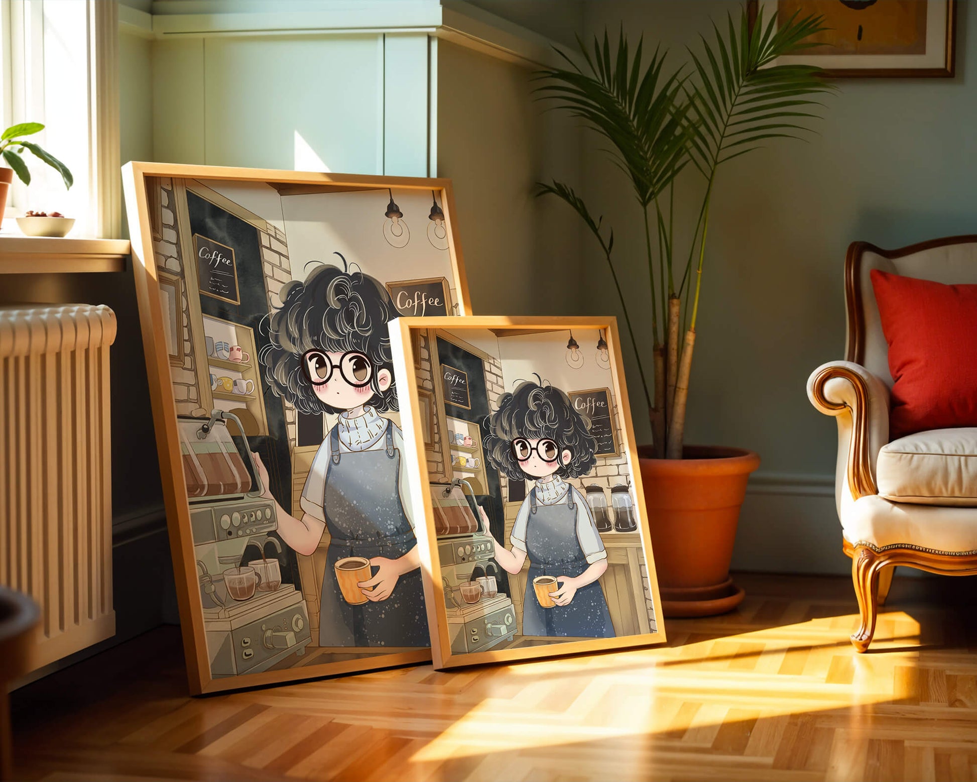 Escena encantadora de café con barista preparando café