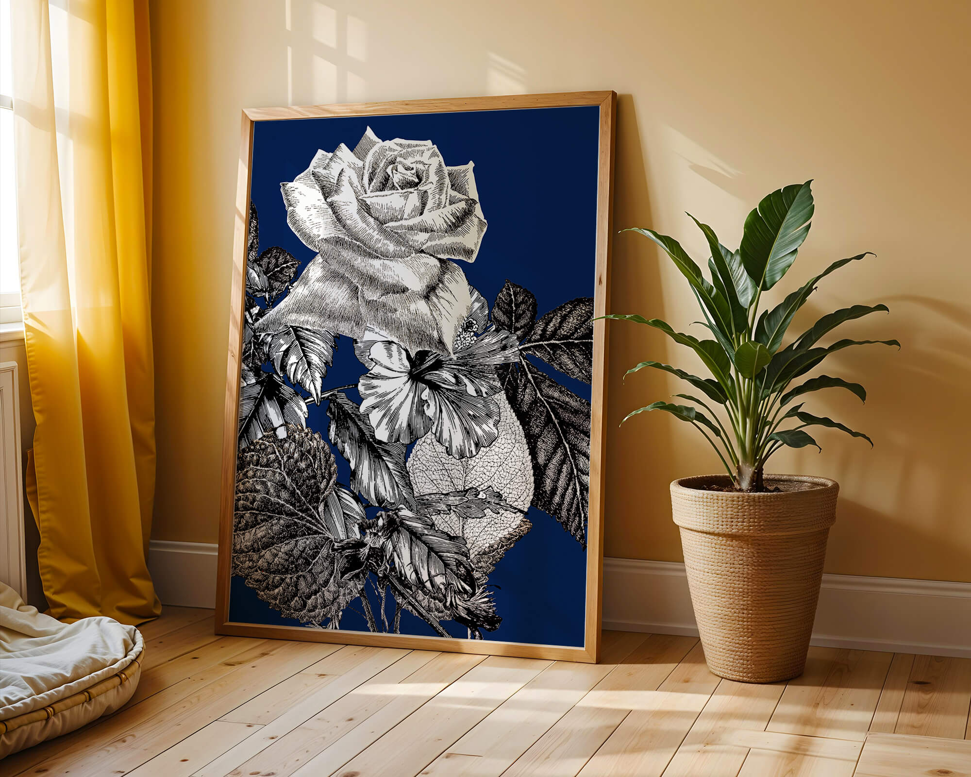 Intricate botanical illustration of roses and foliage on a deep blue background
