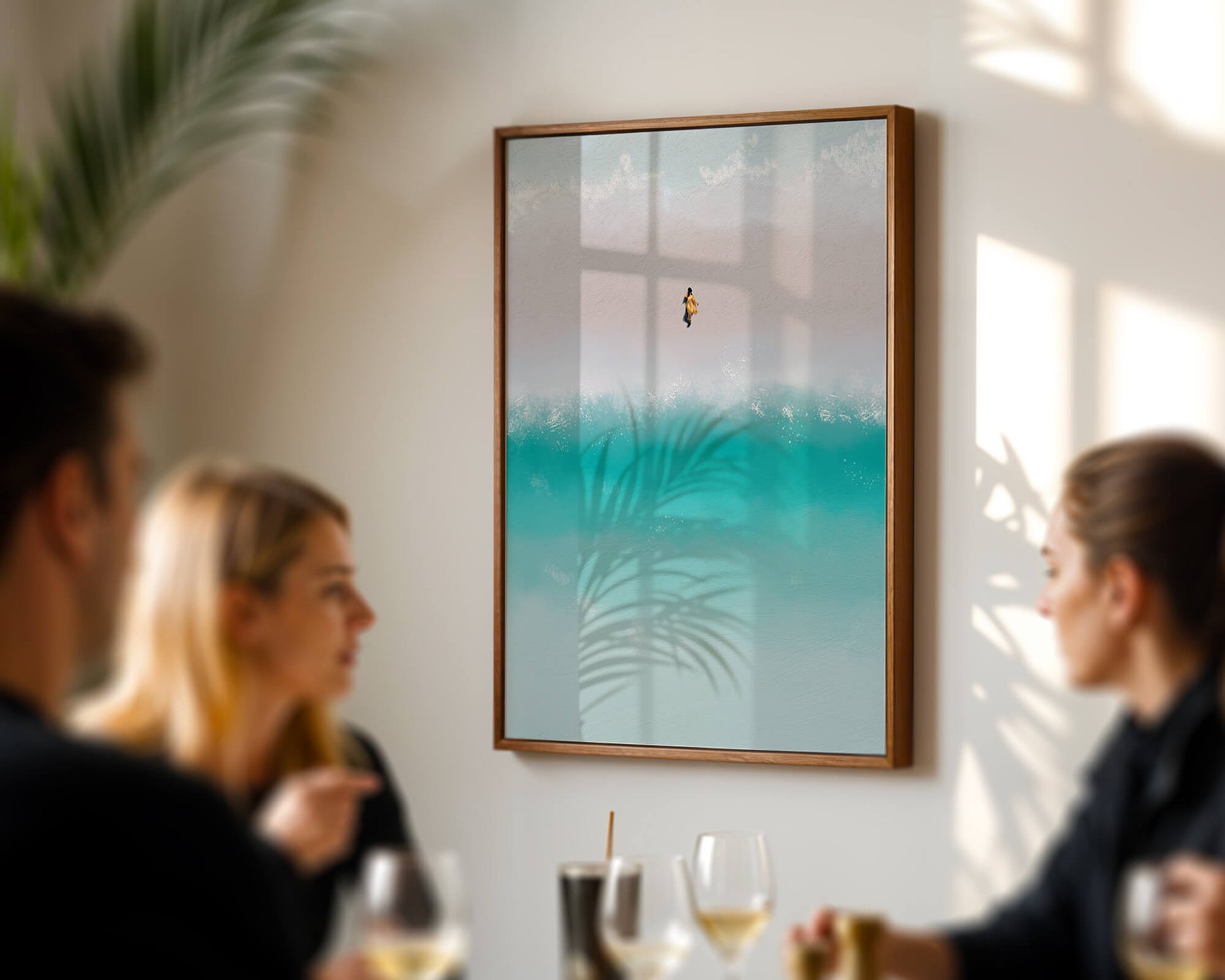 Serene beach with turquoise waves and solitary figure