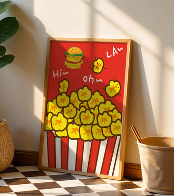 Playful illustration of popcorn and burger characters on a red background