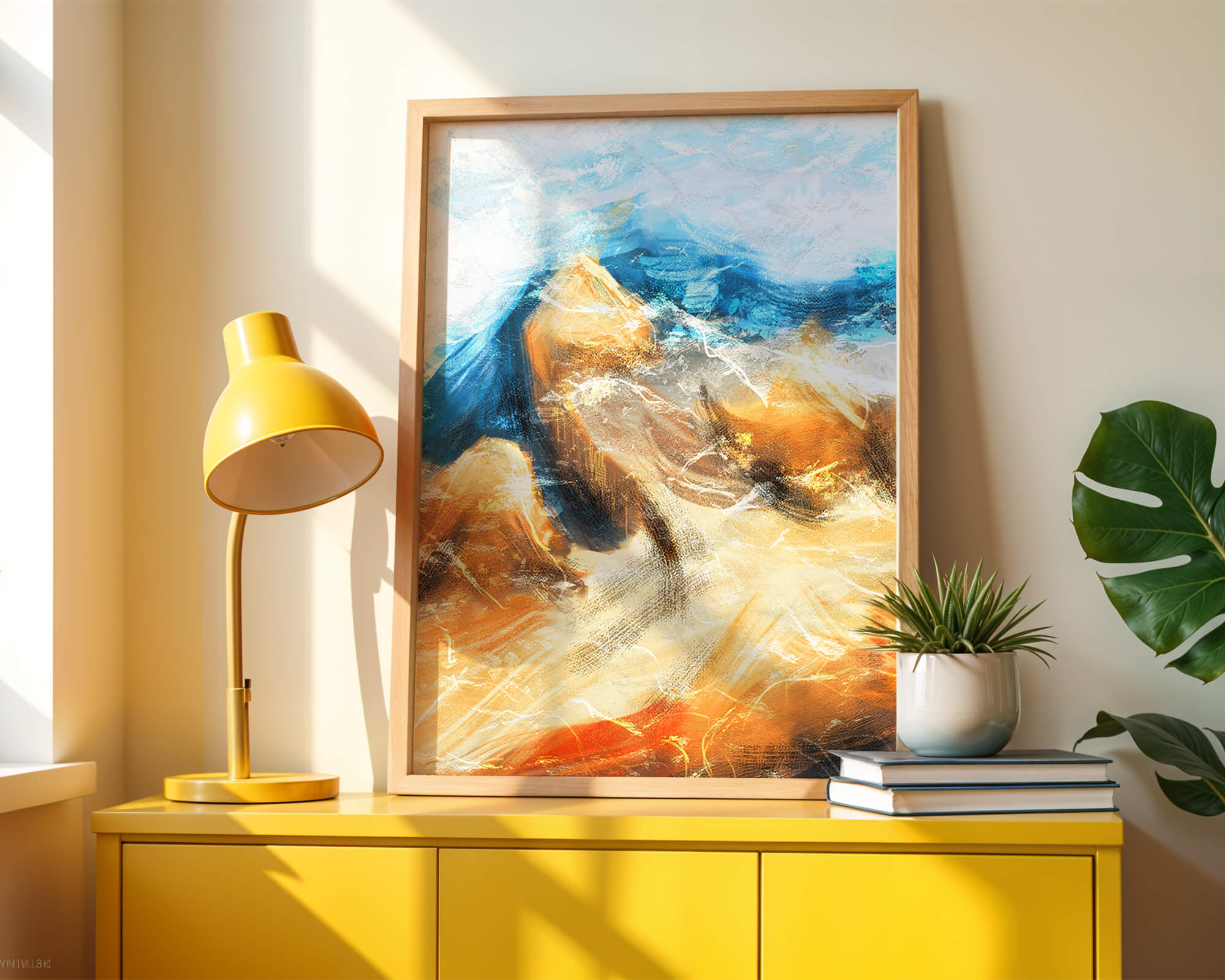 Abstract landscape with blue and golden hues
