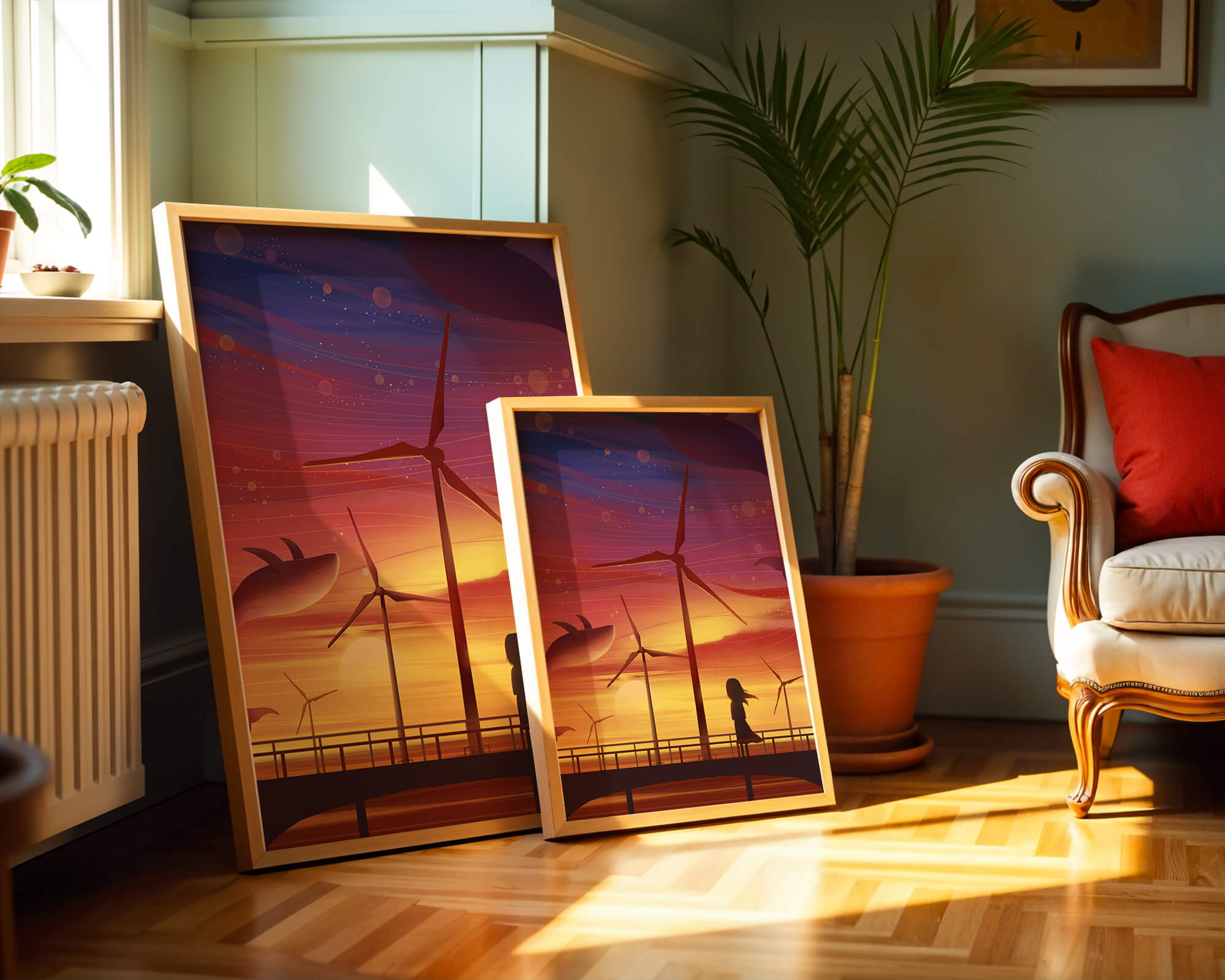 Enchanting sunset scene with wind turbines and silhouette of a girl