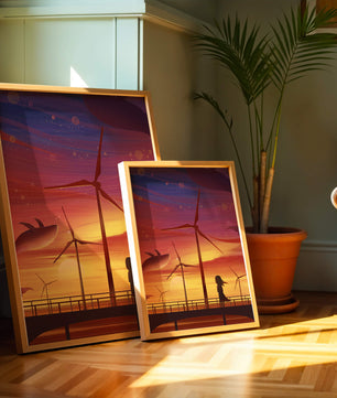 Enchanting sunset scene with wind turbines and silhouette of a girl