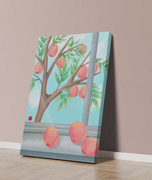 Peach tree outside a window with ripe peaches and sunny sky
