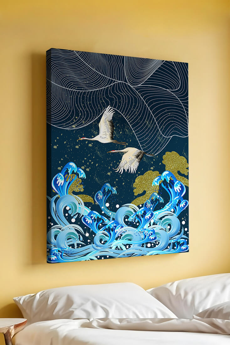 Elegant Cranes Flying Over Golden Waves and Artistic Ocean