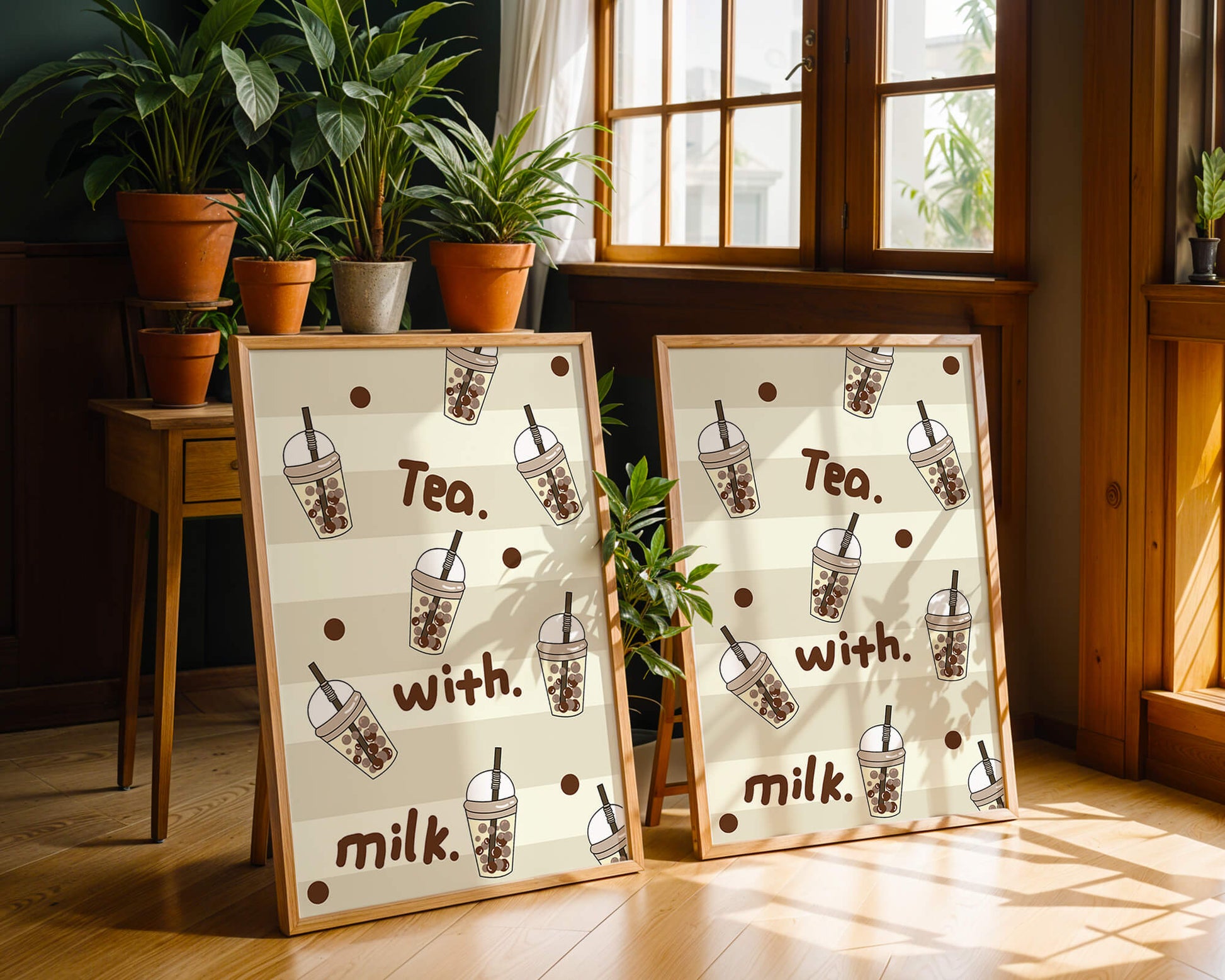 Boba tea pattern with text and bubble illustrations