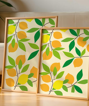 Vibrant lemon pattern with colorful leaves and citrus fruits