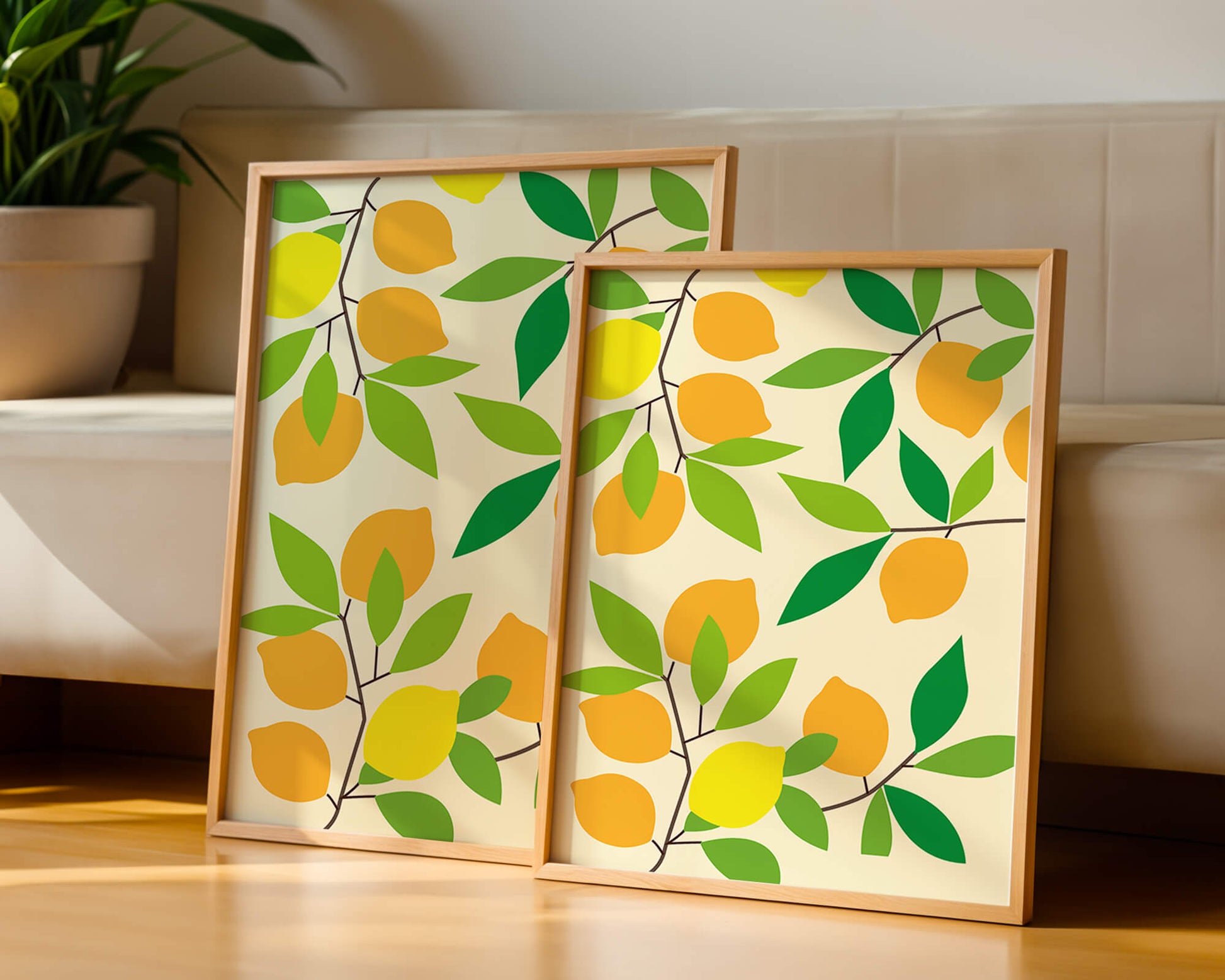 Vibrant lemon pattern with colorful leaves and citrus fruits
