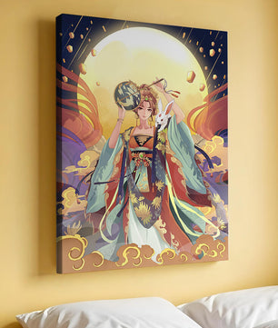 Elegant fantasy illustration with celestial elements and rabbit