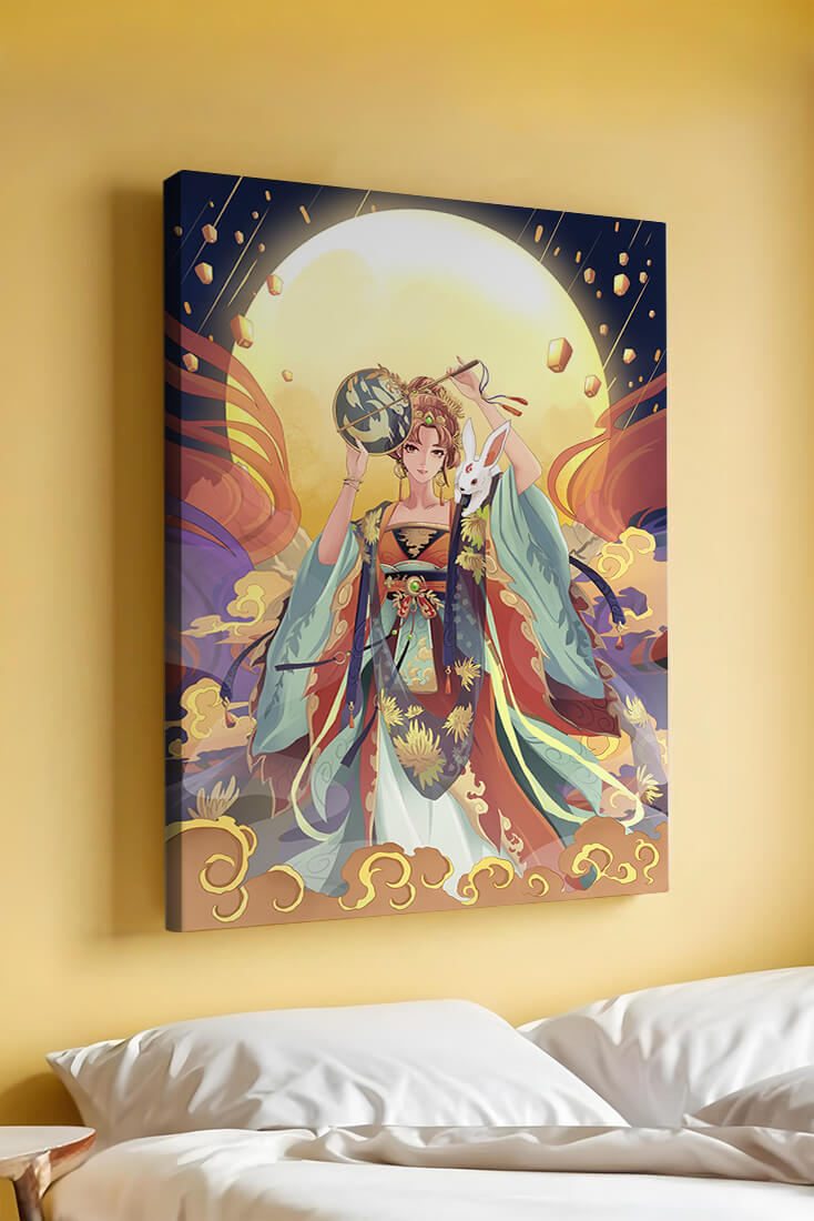 Elegant fantasy illustration with celestial elements and rabbit