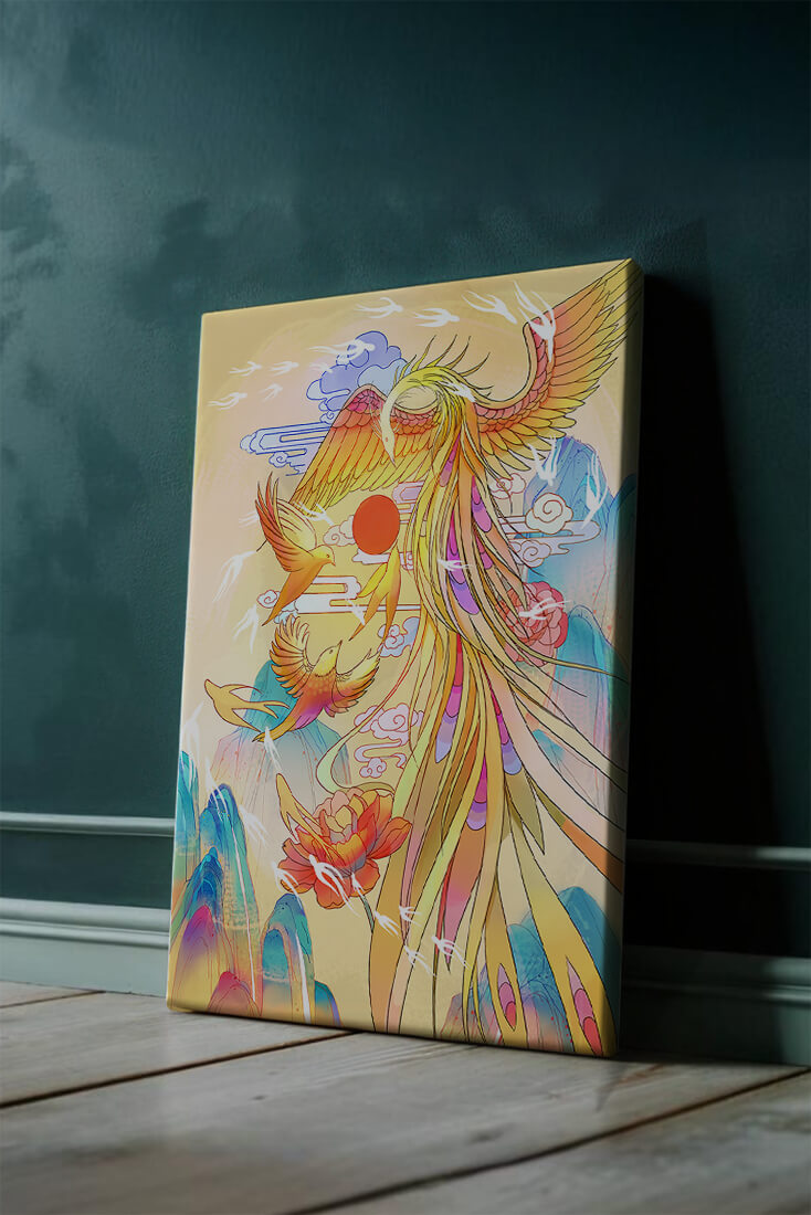Colorful phoenix soaring in a dreamlike sky with vibrant flowers and mountains