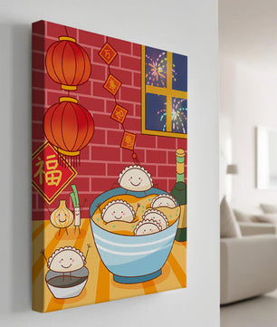 Festive Dumpling Illustration with Lanterns and Fireworks - Mi tienda