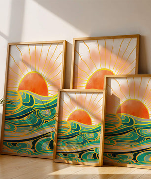 Sunrise over stylized ocean waves with gold accents