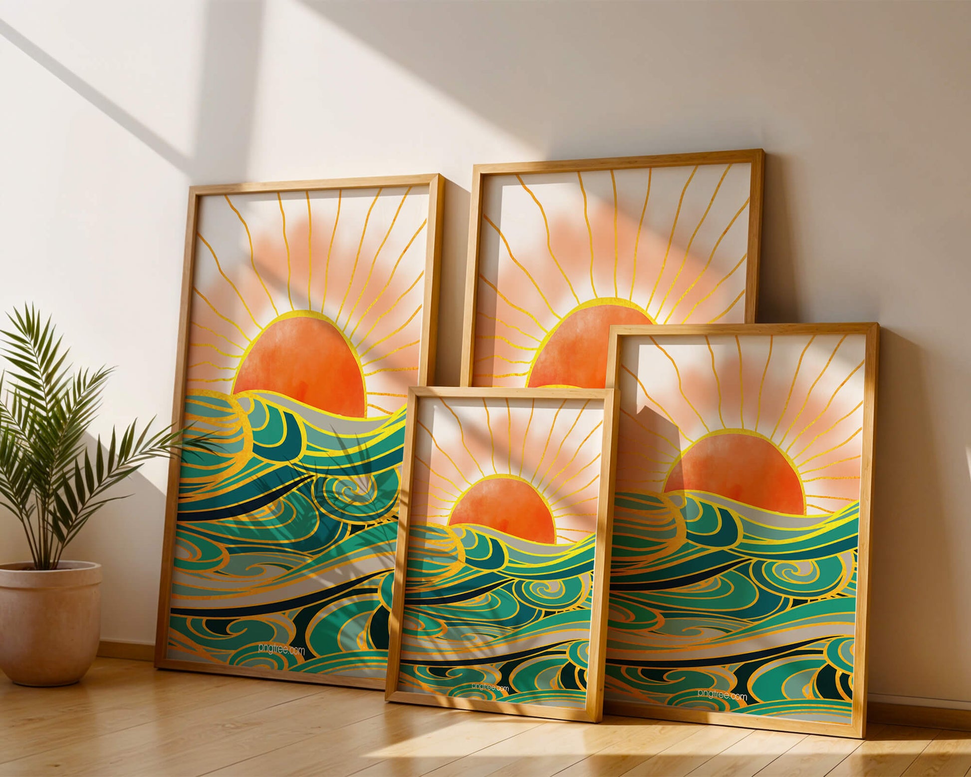 Sunrise over stylized ocean waves with gold accents