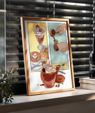 Ilustración artística de café y postre con detalles dorados