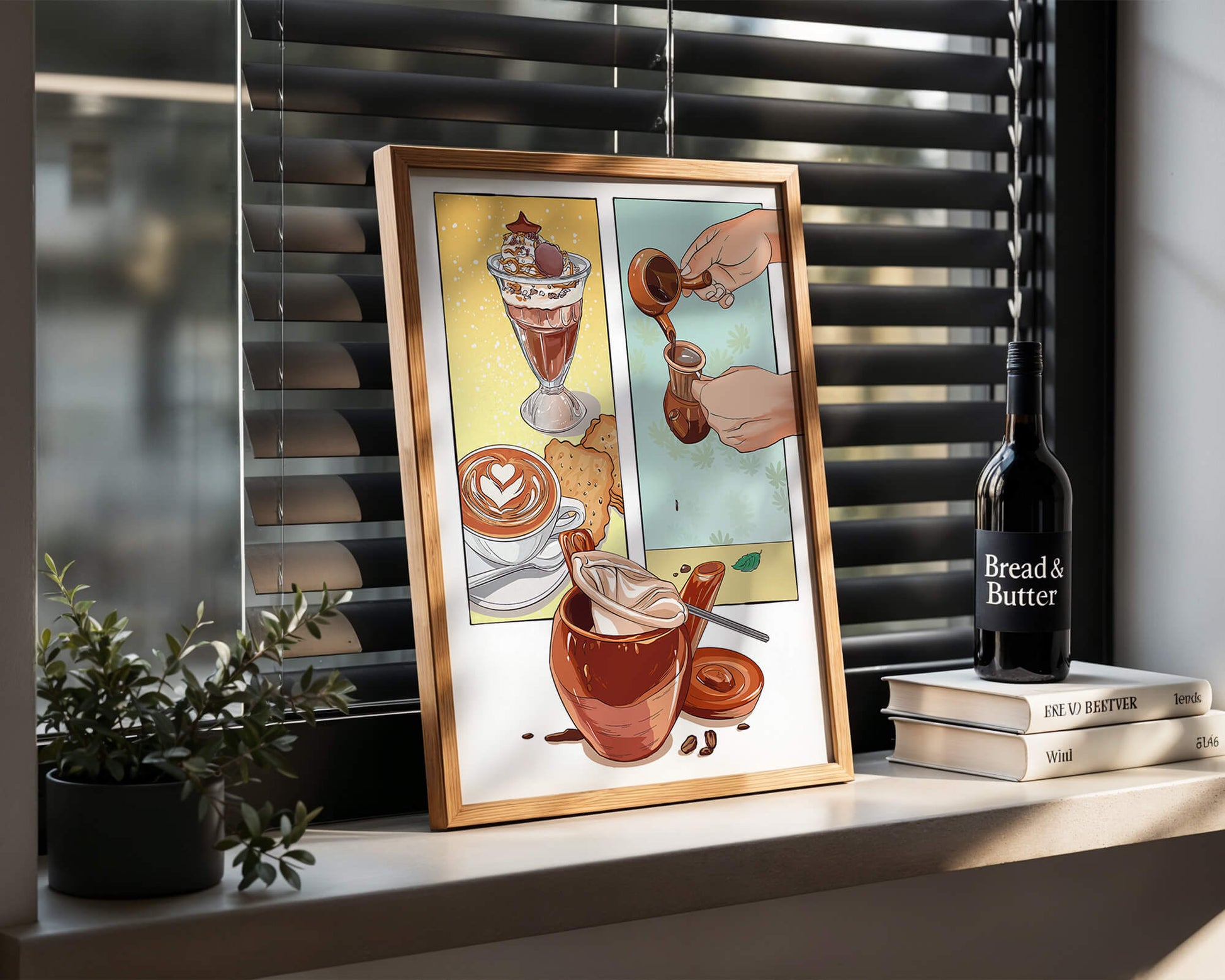 Ilustración artística de café y postre con detalles dorados