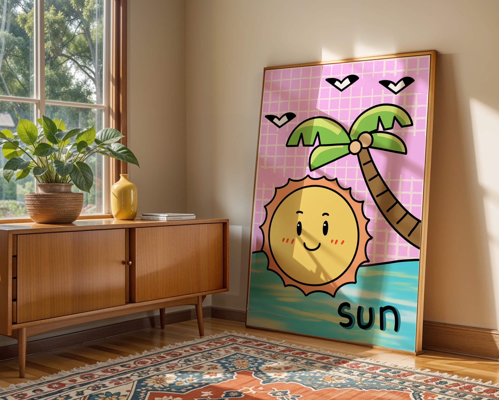 Cartoon sun with palm tree and ocean scene