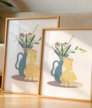 Ilustración de un gato sentado junto a un jarrón floral