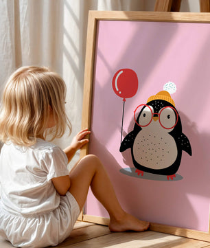 Ilustración adorable de un pingüino con globo y gafas