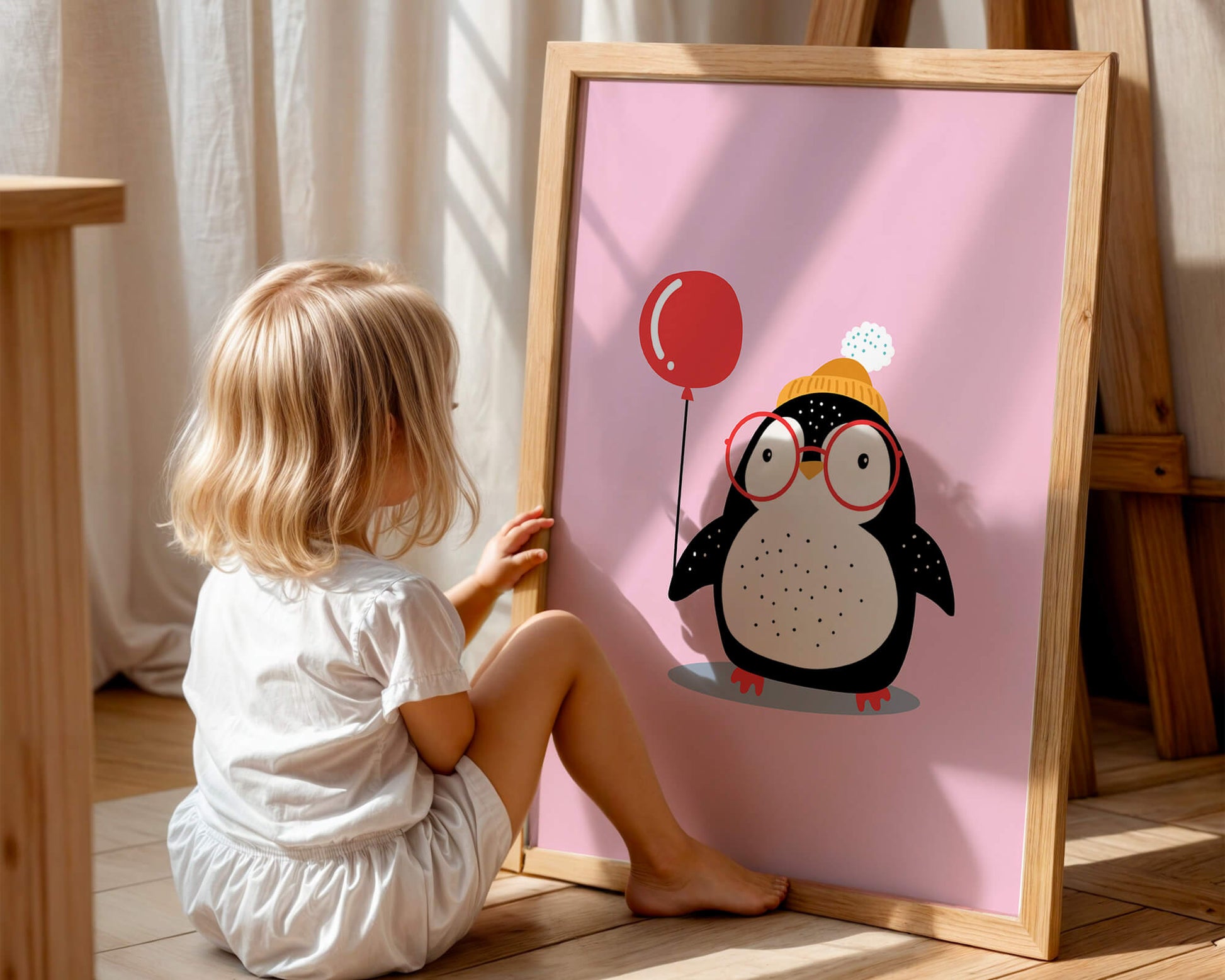Adorable penguin with balloon and glasses illustration