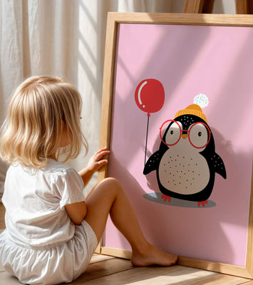 Adorable penguin with balloon and glasses illustration