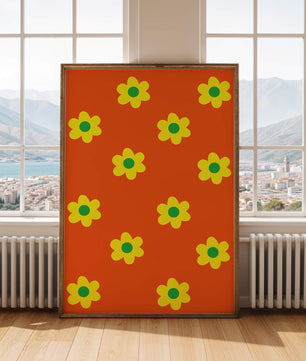 Buntes Blumenmuster mit gelben Blumen auf orangefarbenem Hintergrund