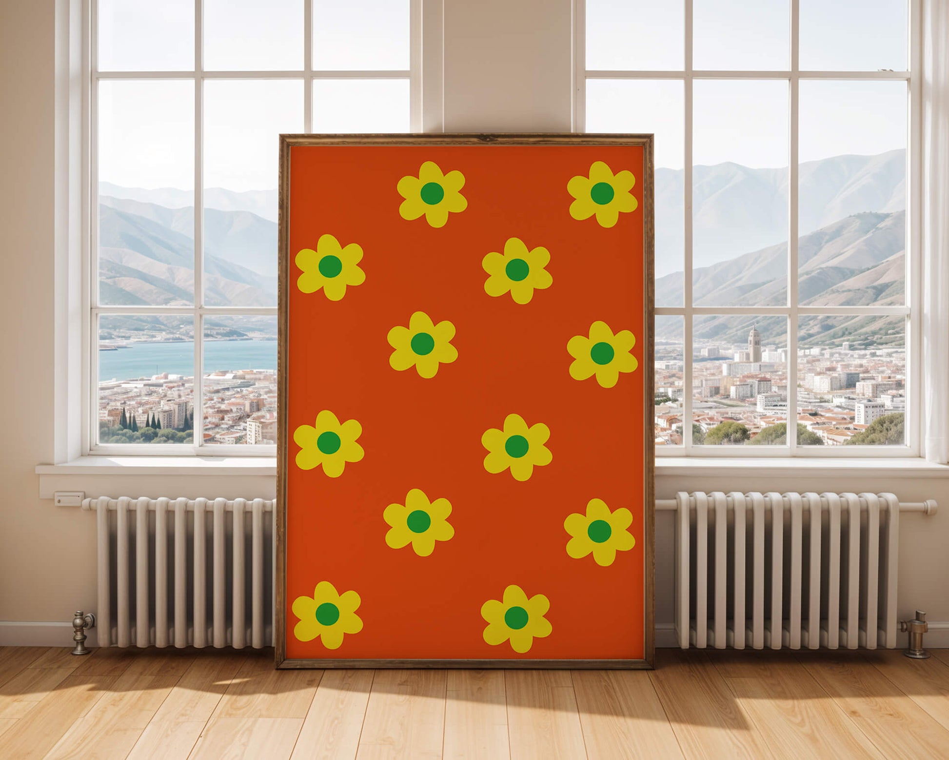 Colorful floral pattern with yellow flowers on orange background