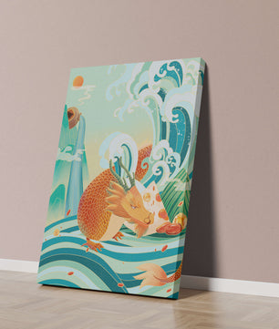 Dragon mythique au milieu de vagues stylisées et de montagnes aux couleurs vives