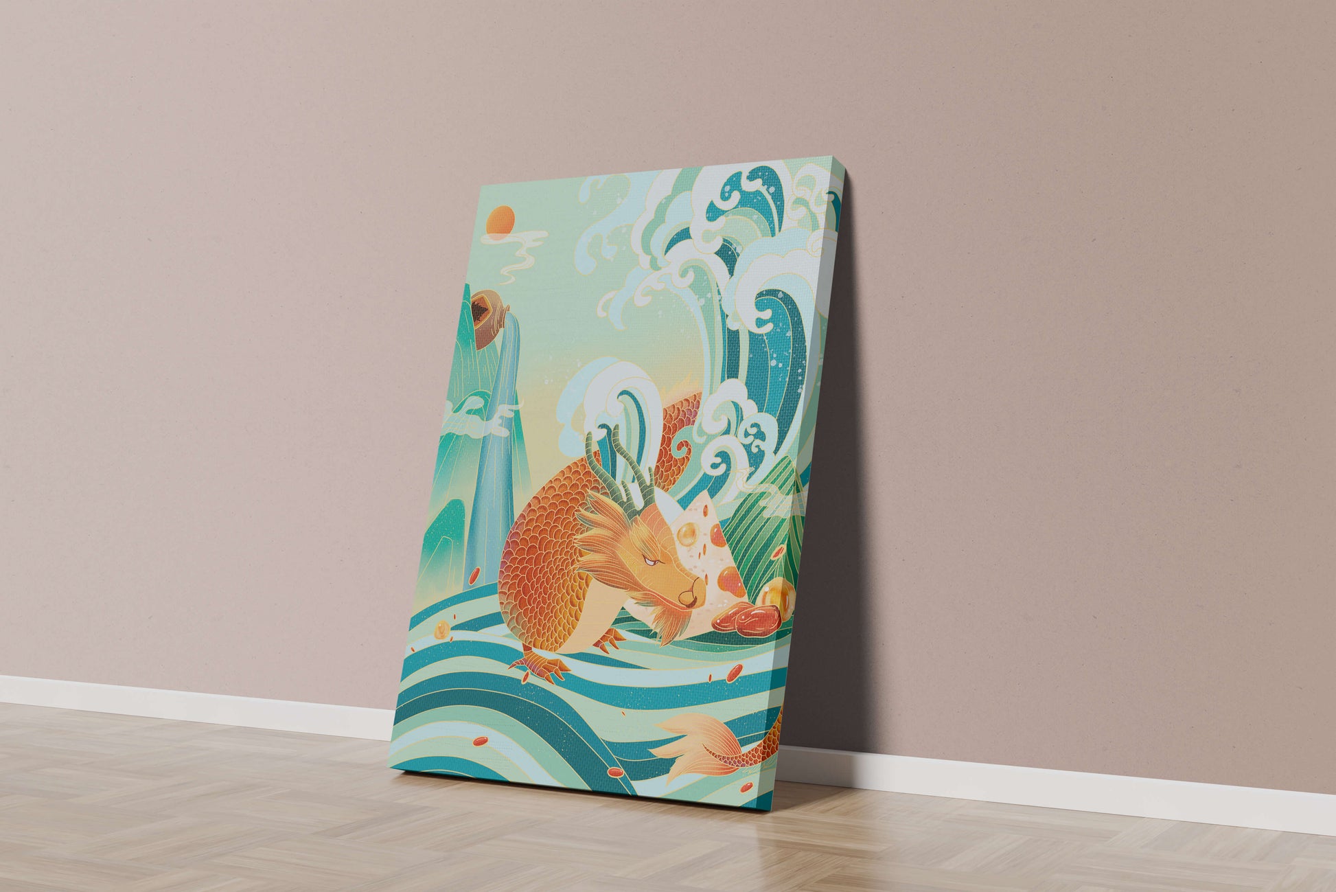 Mythical dragon amidst stylized waves and mountains in vibrant colors