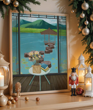 Scenic view from a room overlooking a tranquil water garden with stepping stones and mountains
