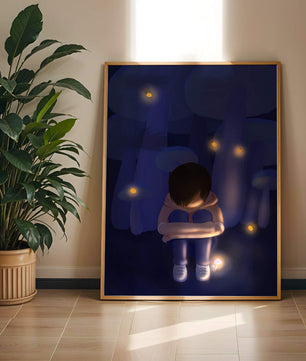 Paysage nocturne serein avec un personnage réfléchi au milieu de vers luisants et de champignons