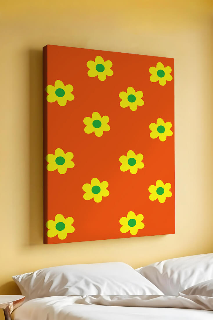 Colorful floral pattern with yellow flowers on orange background