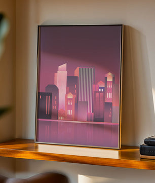 Modern Abstract Cityscape at Sunset with Reflective Water - Mi tienda