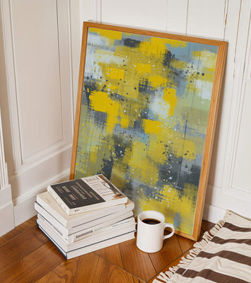 Abstract Yellow and Gray Geometric Art with Textured Patterns